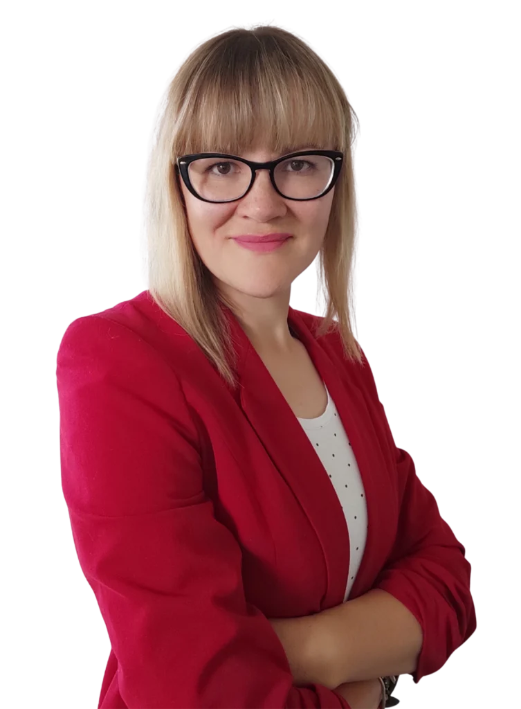portret Pauliny Kalinowskiej, która uczy języka angielskiego w czerwonej marynarce